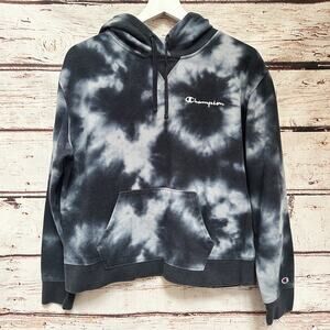 CHAMPION Tie Dye Hoodie Sweatshirt Black Gray Sz L